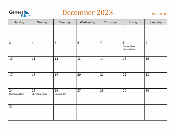 December 2023 Holiday Calendar with Sunday Start