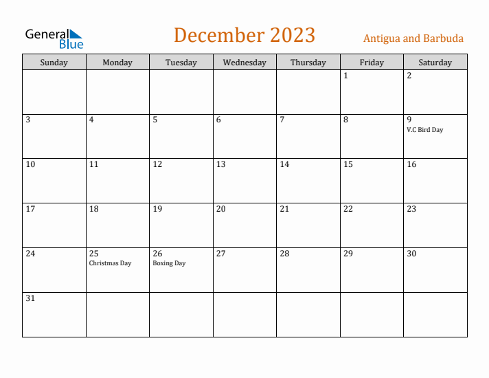 December 2023 Holiday Calendar with Sunday Start