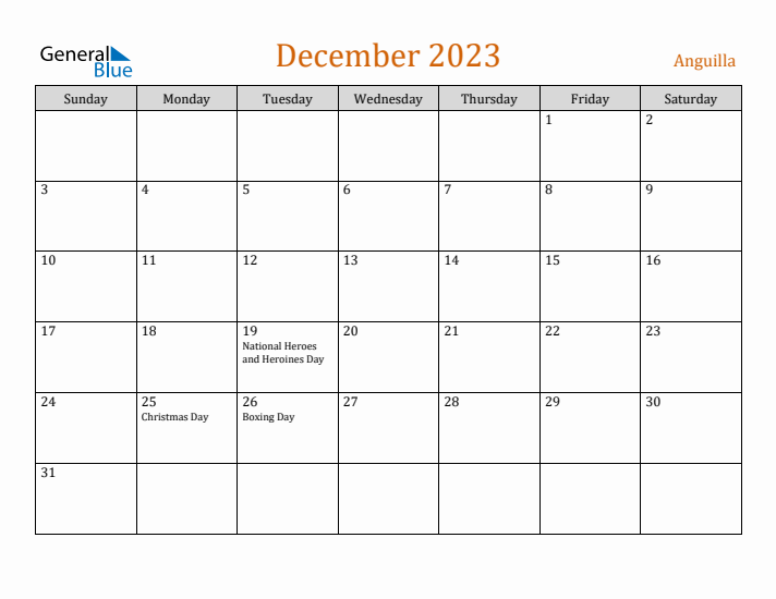 December 2023 Holiday Calendar with Sunday Start