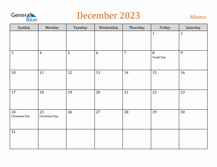 December 2023 Holiday Calendar with Sunday Start