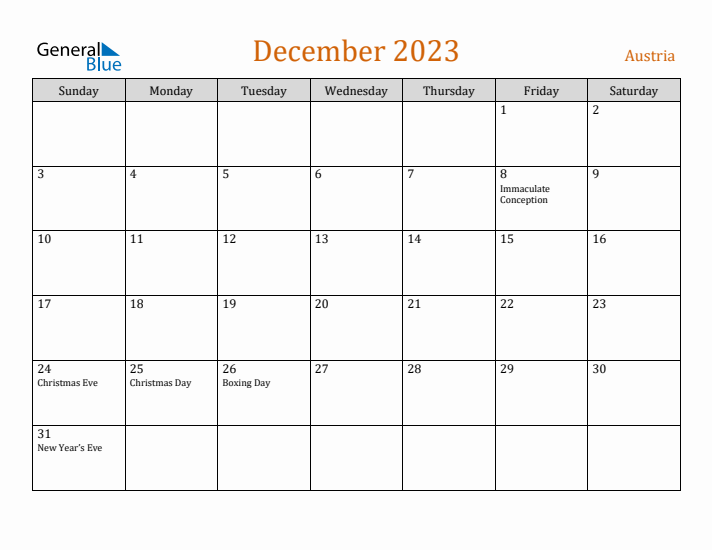 December 2023 Holiday Calendar with Sunday Start