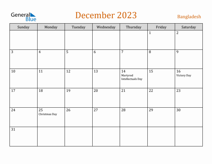 December 2023 Holiday Calendar with Sunday Start