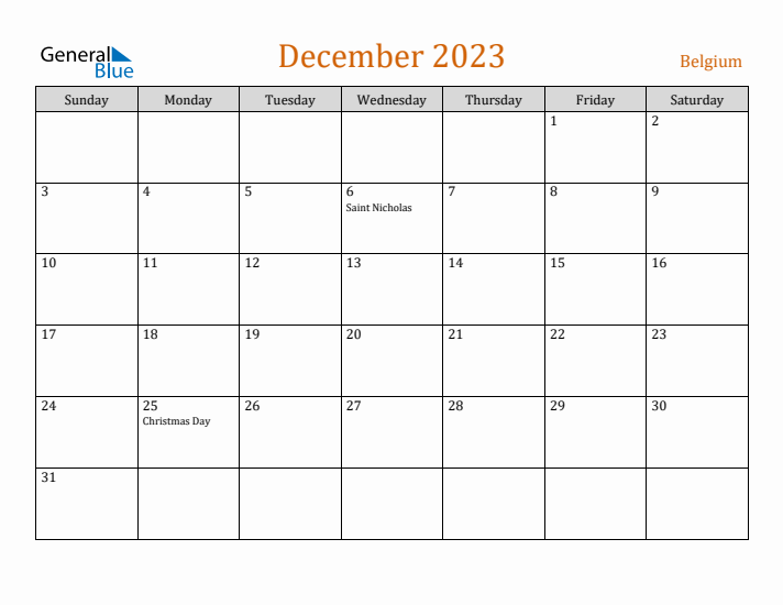 December 2023 Holiday Calendar with Sunday Start