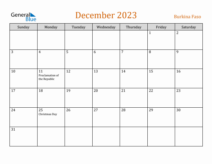 December 2023 Holiday Calendar with Sunday Start