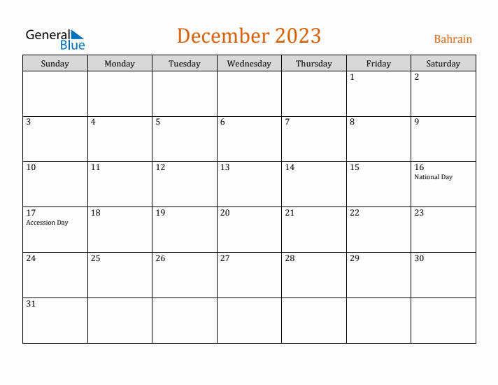 December 2023 Holiday Calendar with Sunday Start