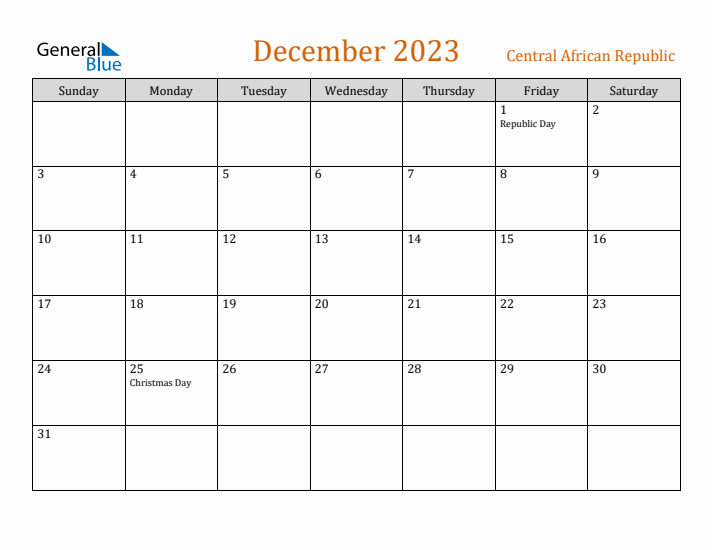 December 2023 Holiday Calendar with Sunday Start