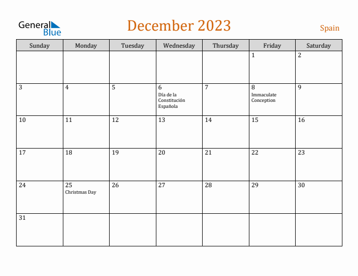 December 2023 Holiday Calendar with Sunday Start