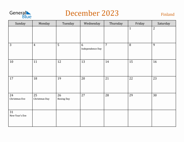 December 2023 Holiday Calendar with Sunday Start