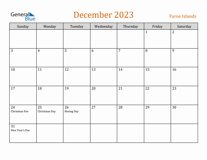 December 2023 Holiday Calendar with Sunday Start