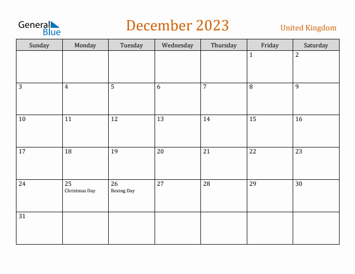 December 2023 Holiday Calendar with Sunday Start