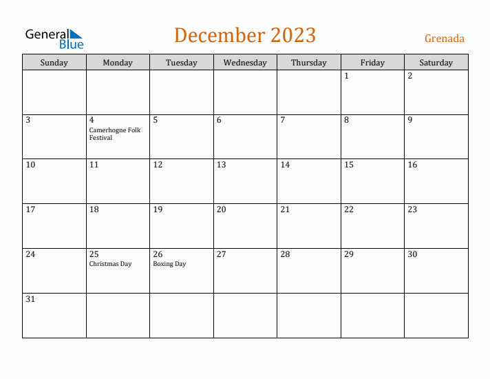 December 2023 Holiday Calendar with Sunday Start