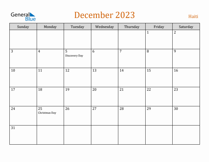 December 2023 Holiday Calendar with Sunday Start