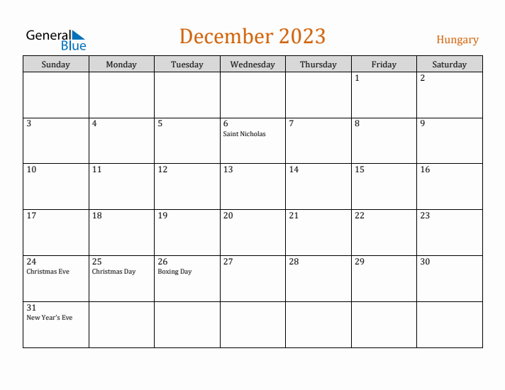 December 2023 Holiday Calendar with Sunday Start