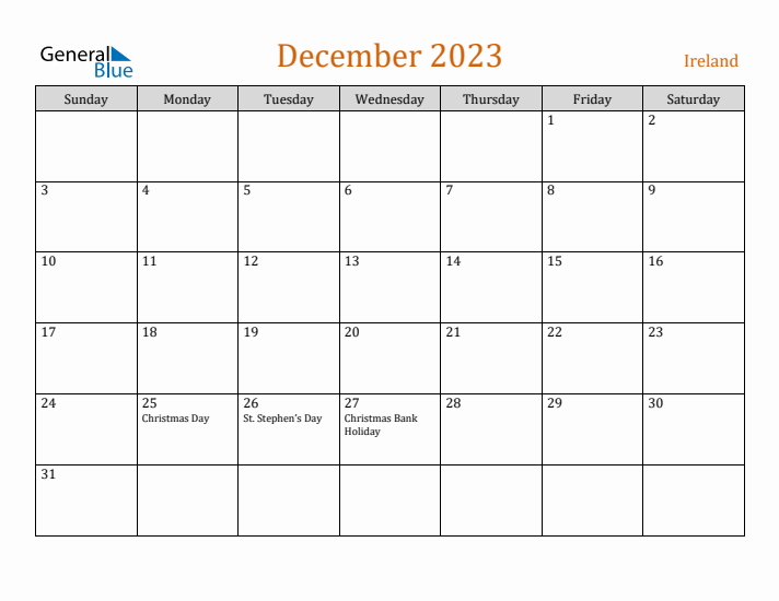 December 2023 Holiday Calendar with Sunday Start