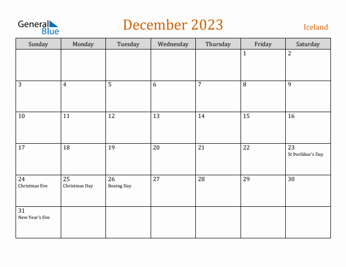 December 2023 Holiday Calendar with Sunday Start