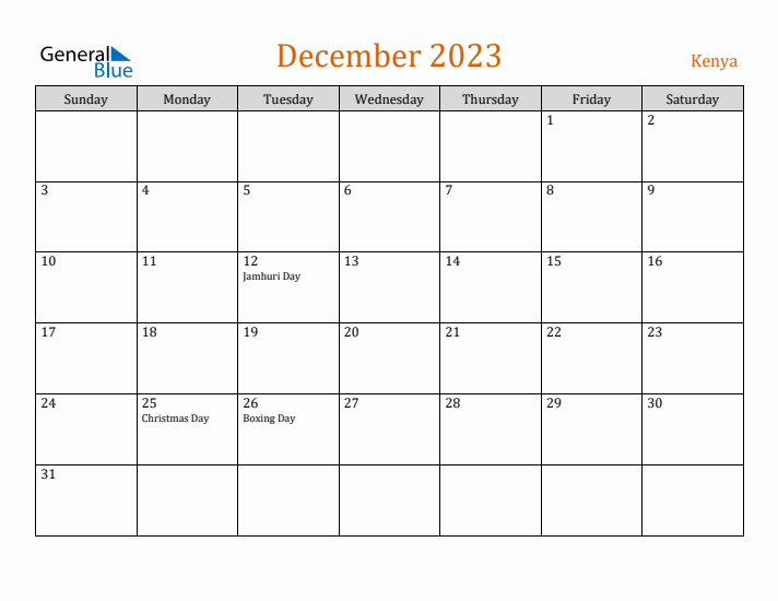 December 2023 Holiday Calendar with Sunday Start