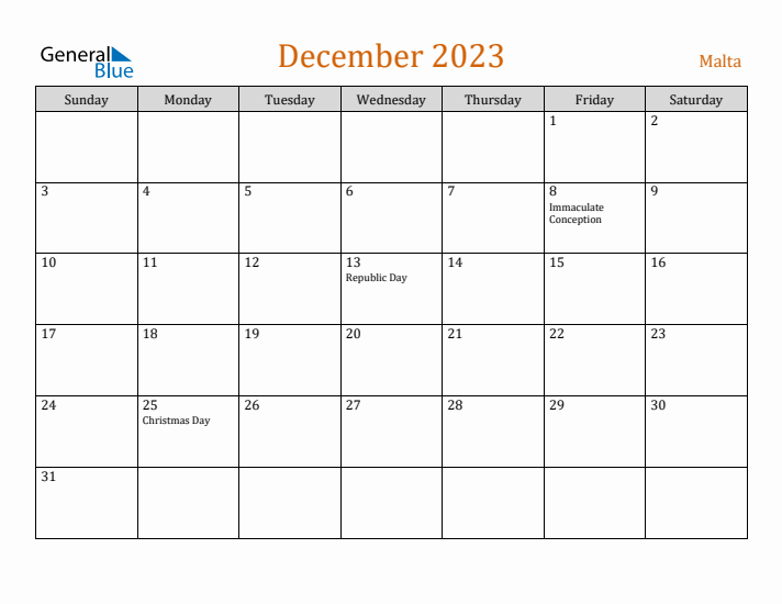 December 2023 Holiday Calendar with Sunday Start