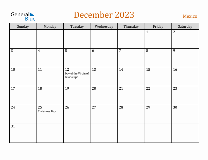 December 2023 Holiday Calendar with Sunday Start