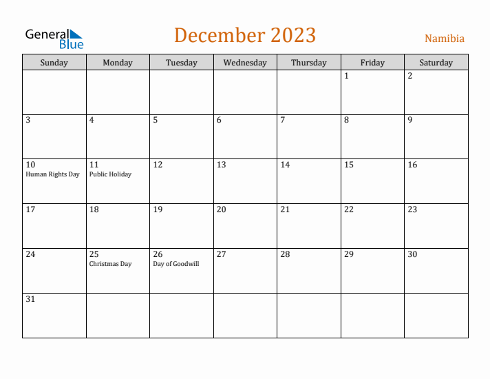 December 2023 Holiday Calendar with Sunday Start