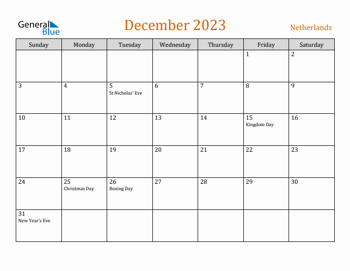 December 2023 Holiday Calendar with Sunday Start