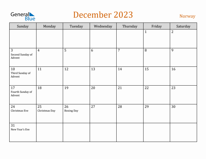 December 2023 Holiday Calendar with Sunday Start