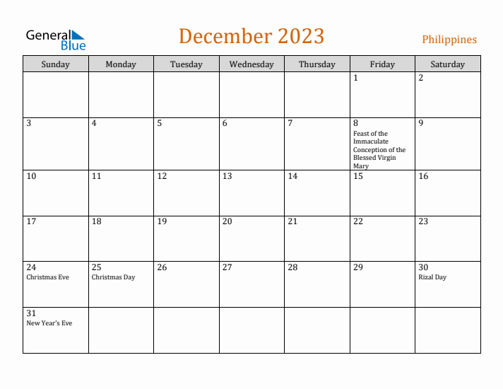 December 2023 Holiday Calendar with Sunday Start