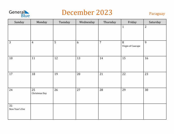 December 2023 Holiday Calendar with Sunday Start