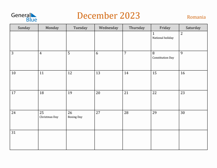 December 2023 Holiday Calendar with Sunday Start