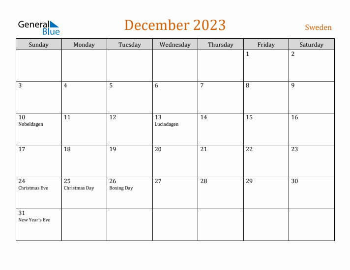 December 2023 Holiday Calendar with Sunday Start