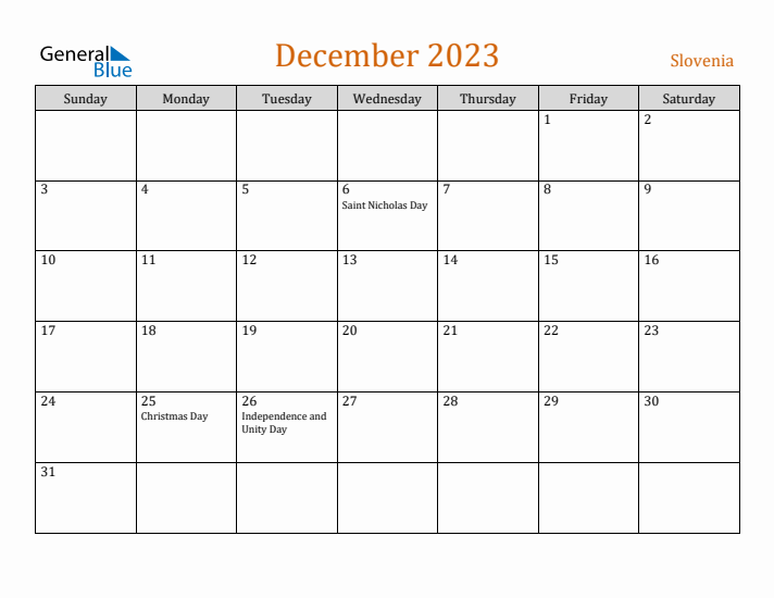 December 2023 Holiday Calendar with Sunday Start