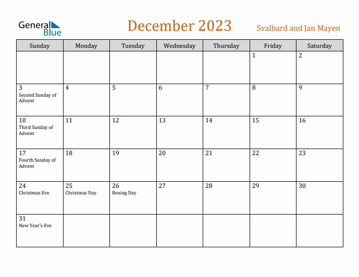 December 2023 Holiday Calendar with Sunday Start