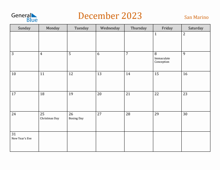 December 2023 Holiday Calendar with Sunday Start