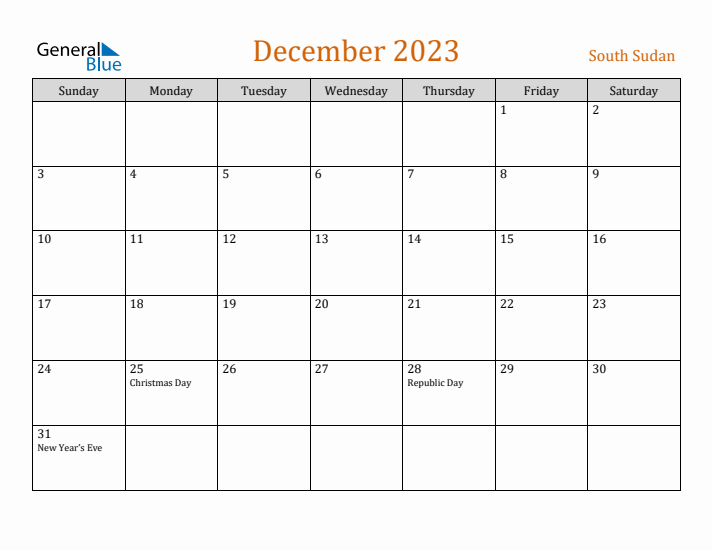 December 2023 Holiday Calendar with Sunday Start