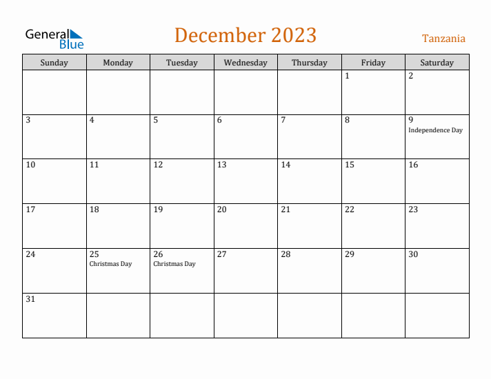 December 2023 Holiday Calendar with Sunday Start