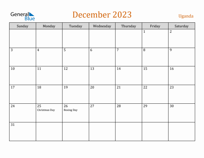 December 2023 Holiday Calendar with Sunday Start