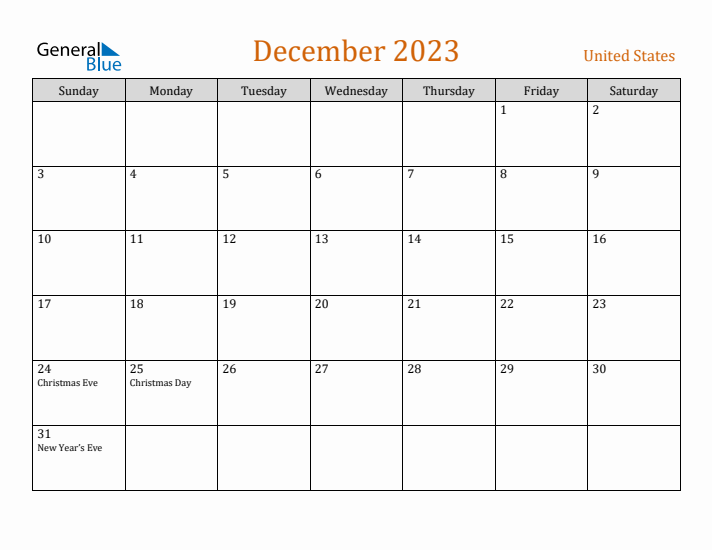 December 2023 Holiday Calendar with Sunday Start