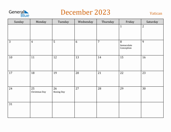 December 2023 Holiday Calendar with Sunday Start