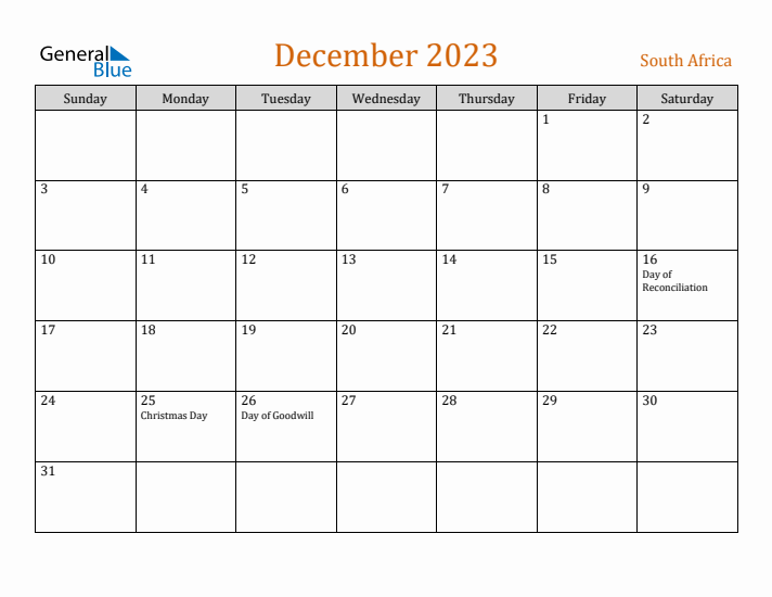 December 2023 Holiday Calendar with Sunday Start