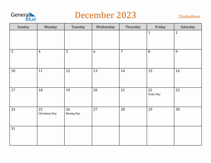 December 2023 Holiday Calendar with Sunday Start