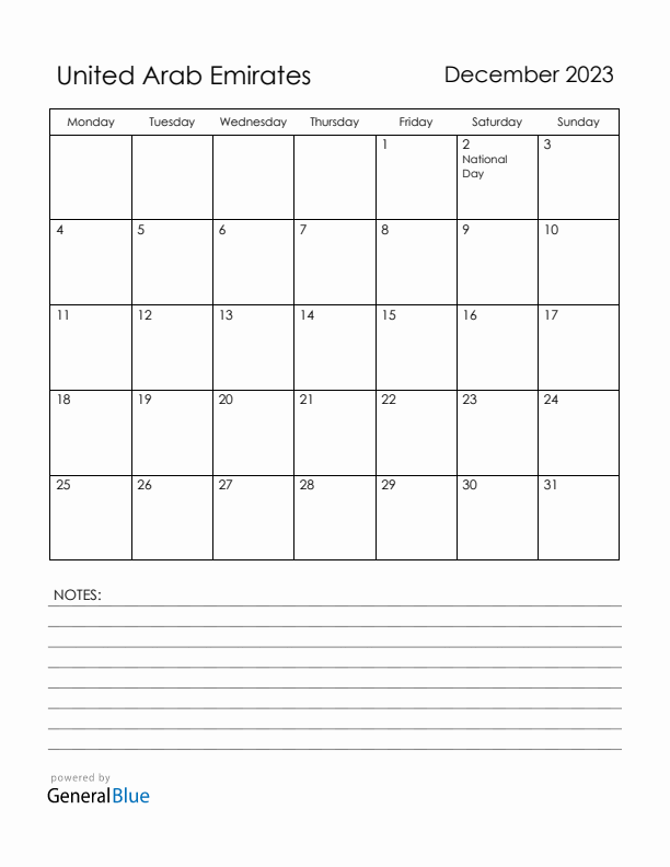 December 2023 United Arab Emirates Calendar with Holidays (Monday Start)