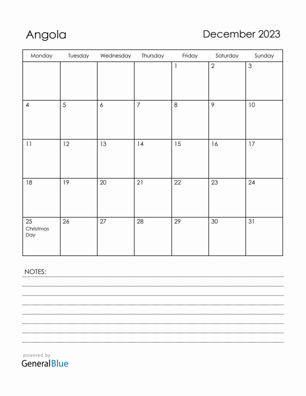 December 2023 Angola Calendar with Holidays (Monday Start)