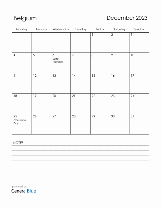 December 2023 Belgium Calendar with Holidays (Monday Start)