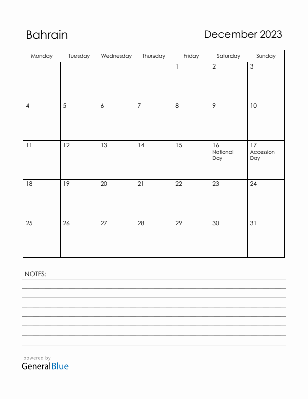 December 2023 Bahrain Calendar with Holidays (Monday Start)