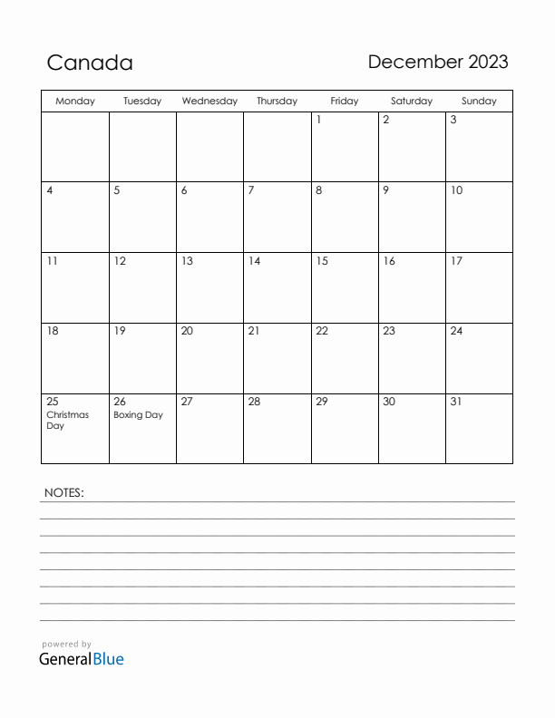 December 2023 Canada Calendar with Holidays (Monday Start)