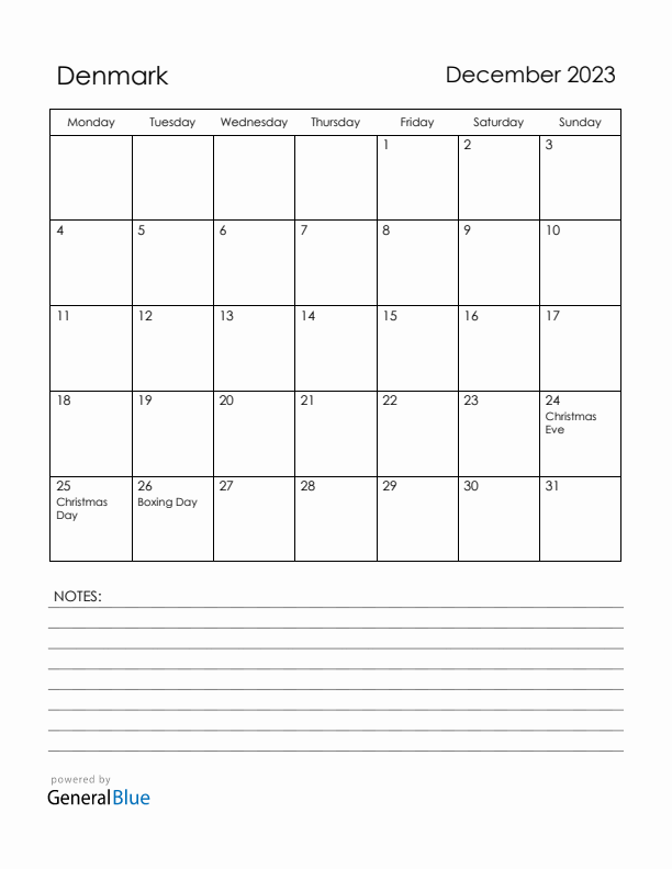 December 2023 Denmark Calendar with Holidays (Monday Start)