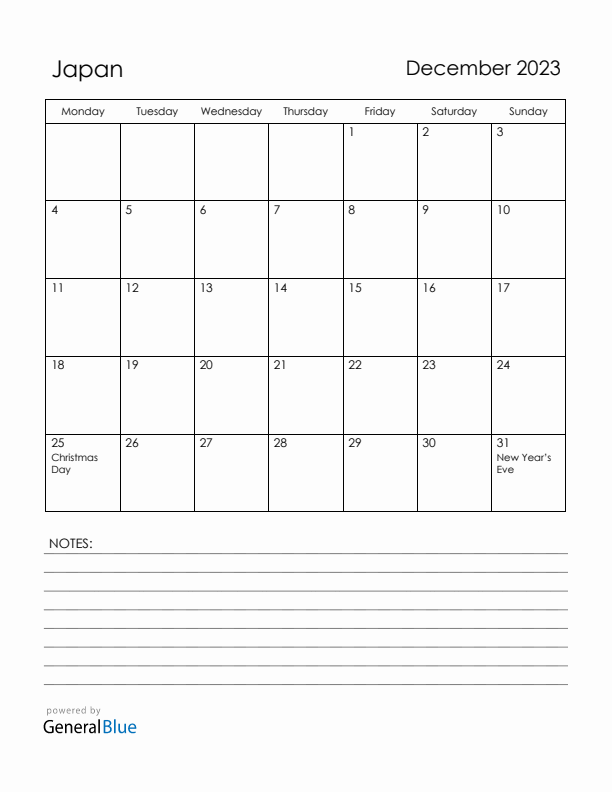 December 2023 Japan Calendar with Holidays (Monday Start)