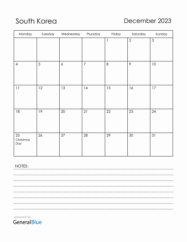 December 2023 South Korea Calendar with Holidays (Monday Start)