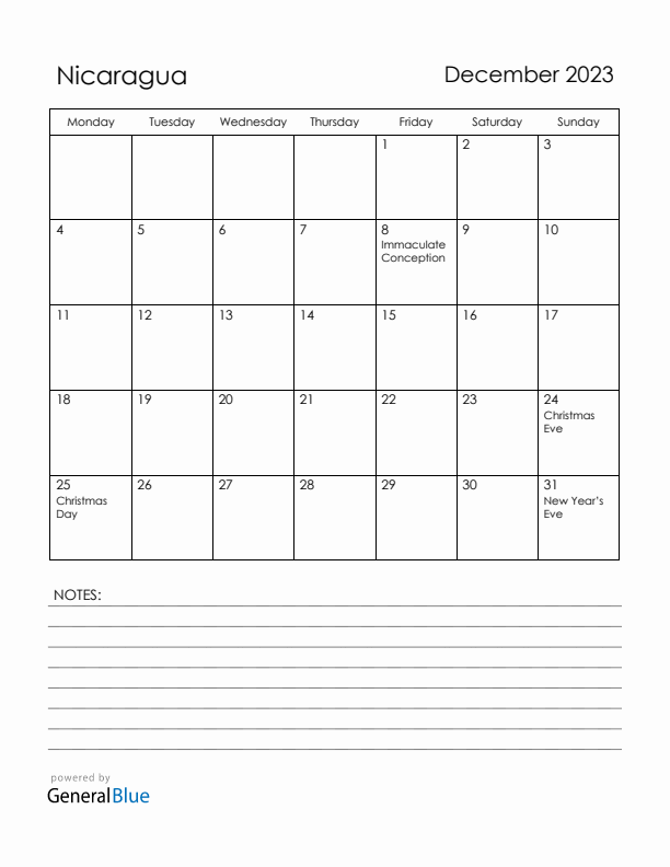 December 2023 Nicaragua Calendar with Holidays (Monday Start)