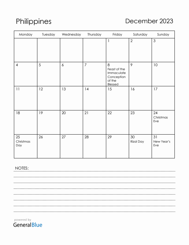 December 2023 Philippines Calendar with Holidays (Monday Start)