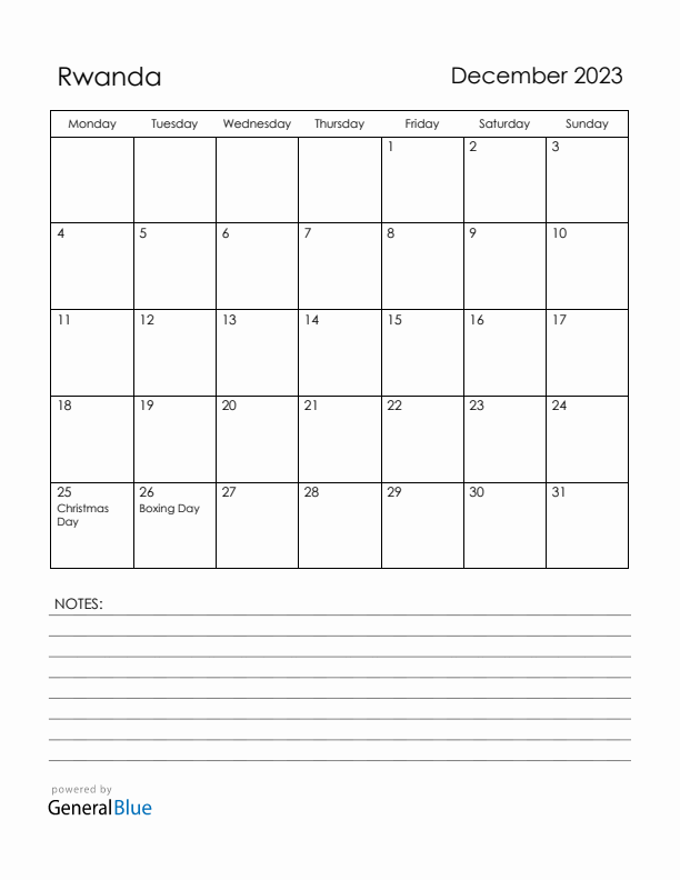 December 2023 Rwanda Calendar with Holidays (Monday Start)